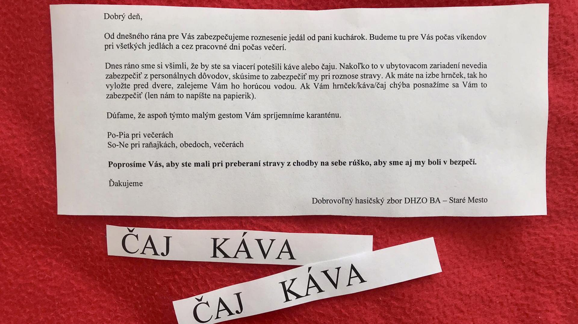 Odkaz od dobrovoľných hasičov z bratislavského Starého Mesta pre ľudí, ktorí musia byť izolovaní v karanténe v Dúbravke.