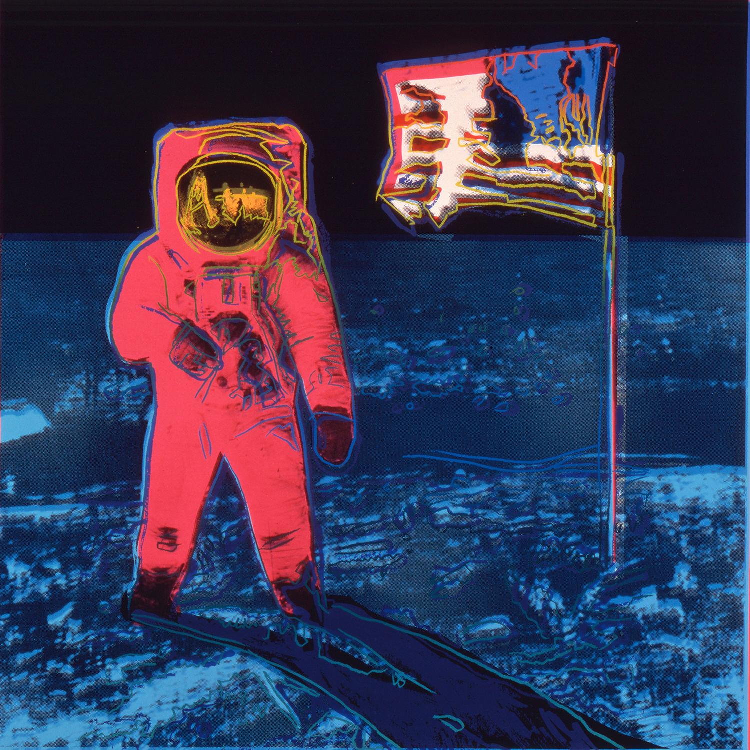 Moonwalk. Andy Warhol 1987. Zo série vytvorenej podľa Armstrongovej fotografie zachytávajúcej Aldrina.