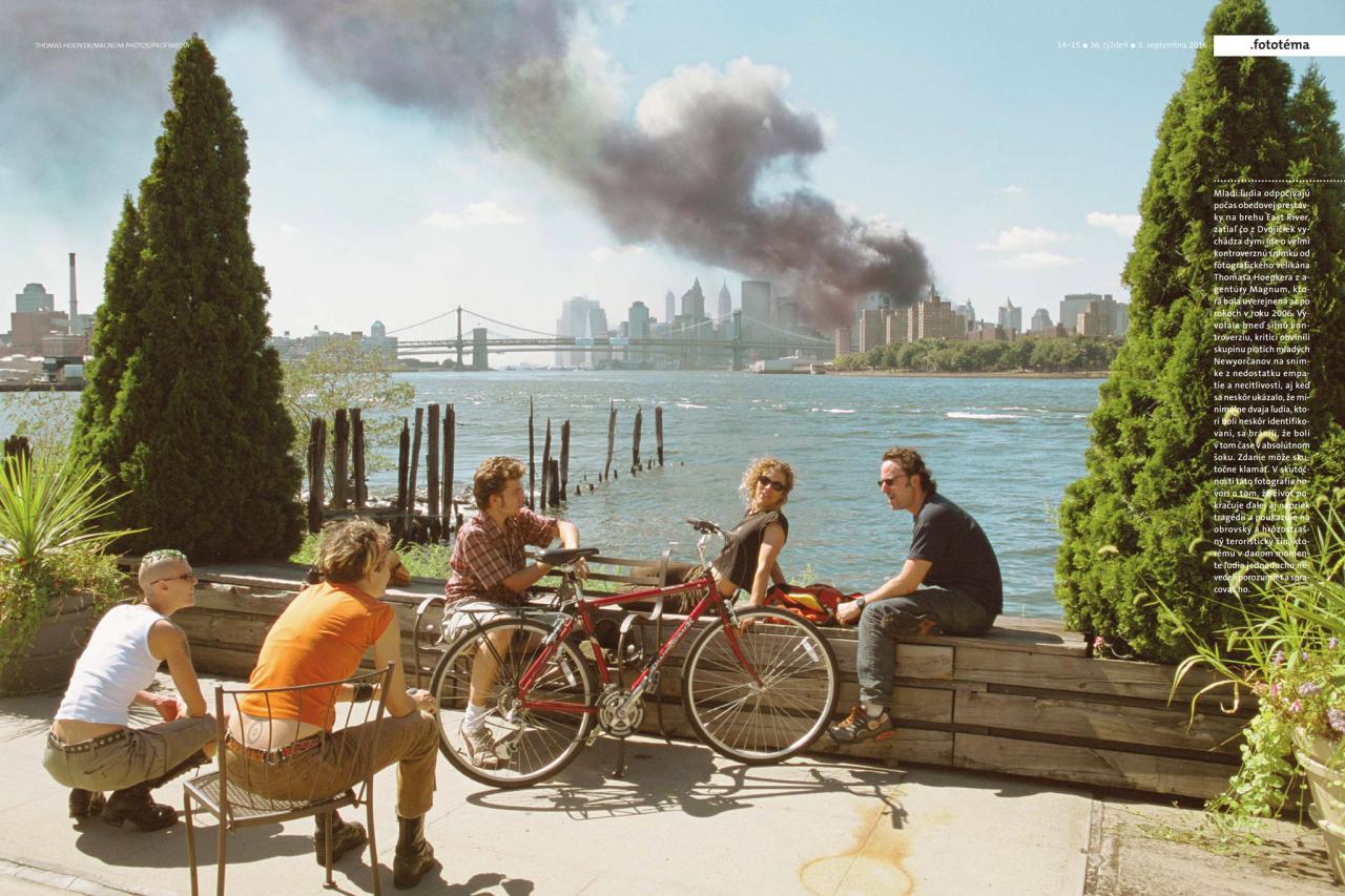 Číslo 36/2016. Ikonická fotografia Thomasa Hoepkera z 11. septembra 2001 zaradená do fototémy Útok na srdce západu. Vizuálne spracovanie fototémy bolo ocenené v rámci Award of Excellence v kategórii Magazine / Media Visual Editor of the Year.