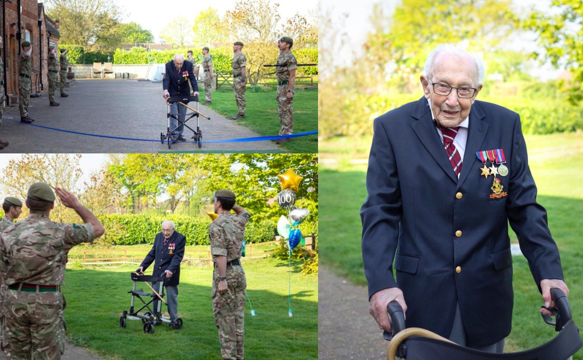 16. apríl 2020 Marston Moretaine, Spojené kráľovstvo: Tom Moore v slávnostnej uniforme sa s pomocou chodúľky blíži do cieľa po tom, čo stokrát prešiel po 25-metrovom úseku svojej záhrady. V cieli mu salutovali vojaci z yorkshirského regimentu.
