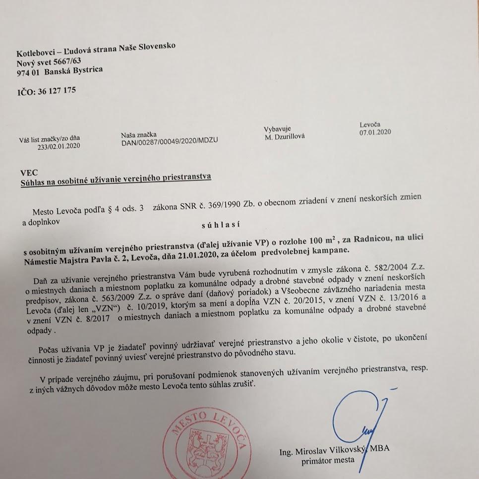 Súhlas na osobitné užívanie verejného priestoru podpísaný primátorom Levoče Miroslavom Vilkovským