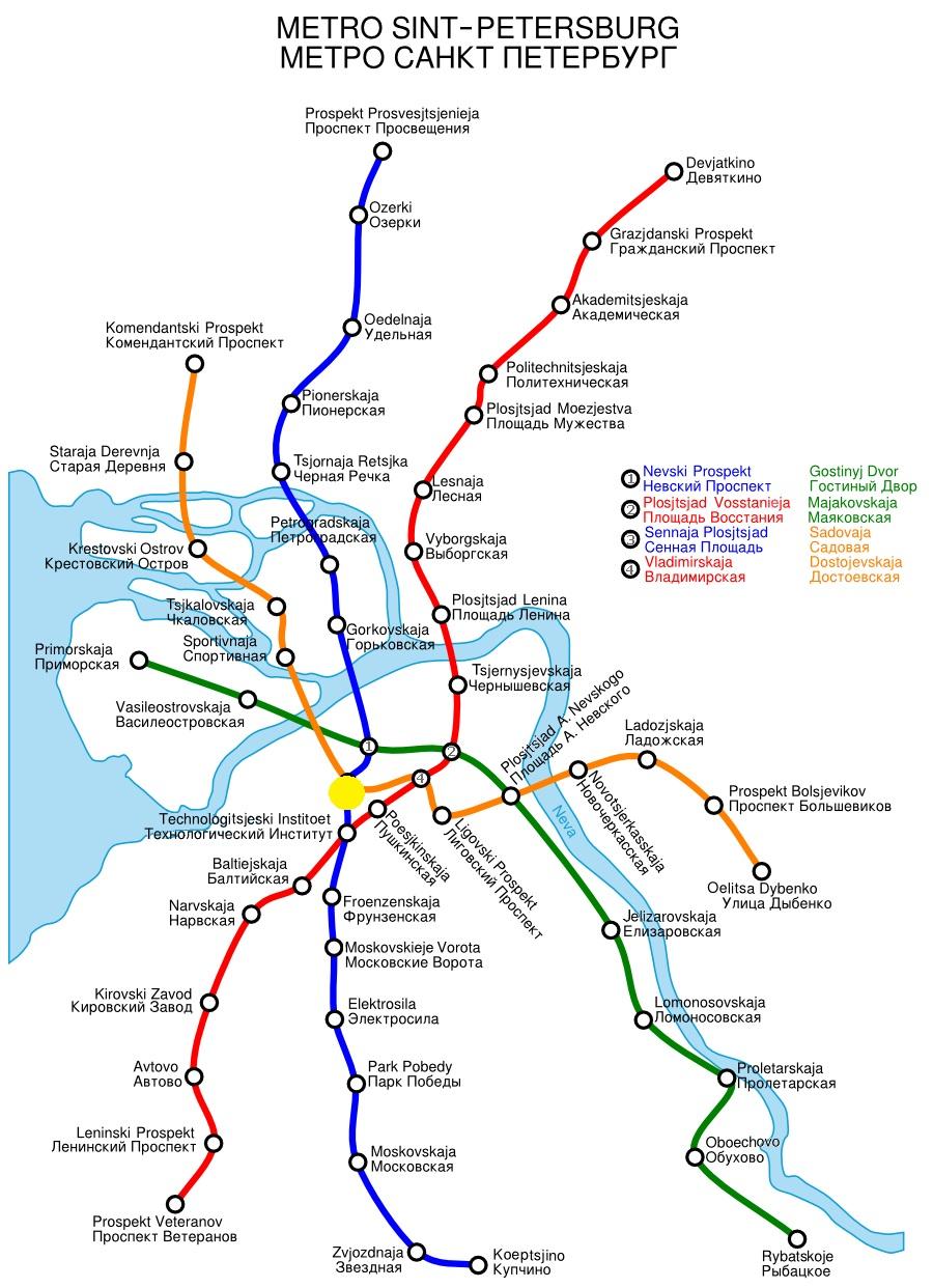 Miesto výbuchu v petrohradskom metre je označené žltou farbou.