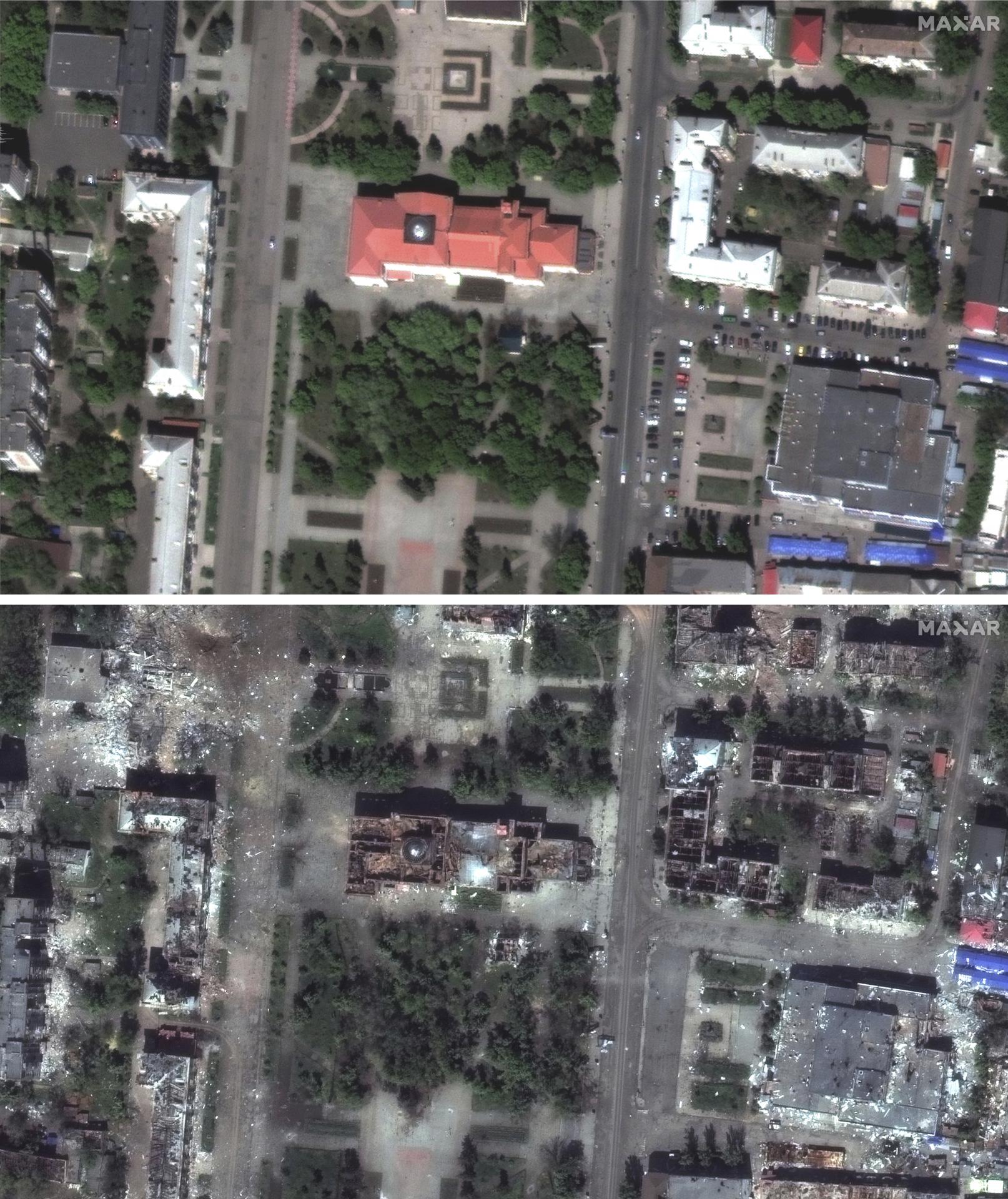 Satelitné snímky ukazujú devastáciu mesta Bachmut. Na fotke divadlo a mieste obchody v máji 2022, dole situáciu z mája 2023. 