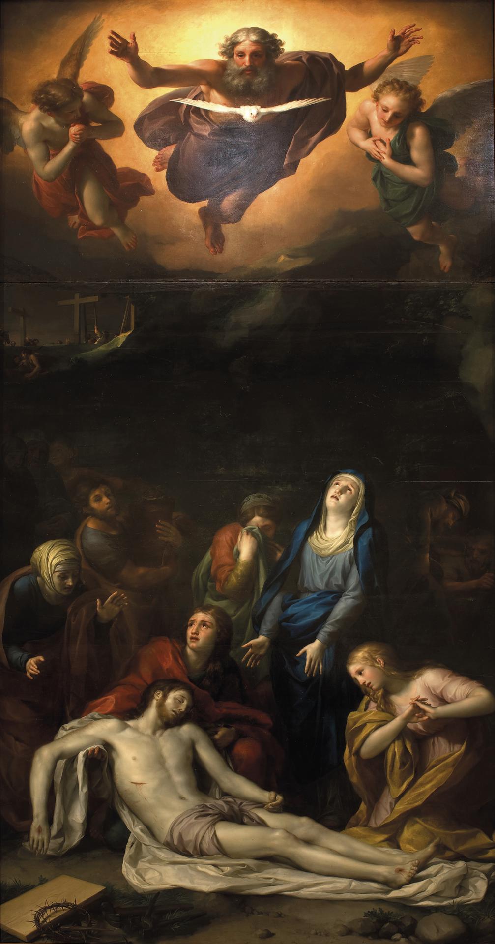 Anton Raphael Mengs: Snímanie z kríža, cca 1760. Podľa západnej tradície dávajúca sa Trojjediná láska stvorila svet a život v ňom, a potom sa na jeho záchranu sama obetovala.