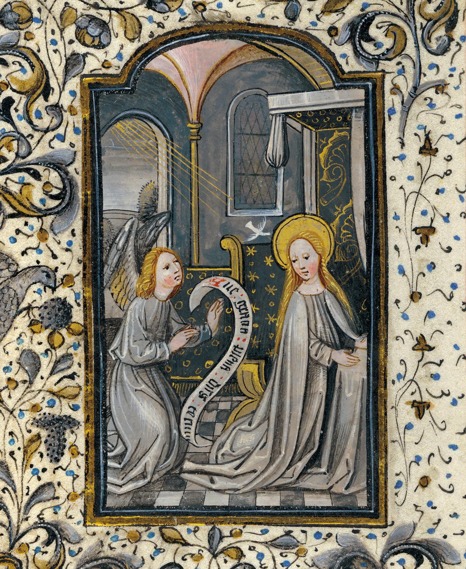 Iluminácia v Knihe hodiniek Ilony Andrássyovej z dielne Willema Vrelanta, 1460 – 1480. Zvestovanie k polnočnej modlitbe: Archanjel Gabriel, Panna Mária a Duch Svätý v podobe holubice.