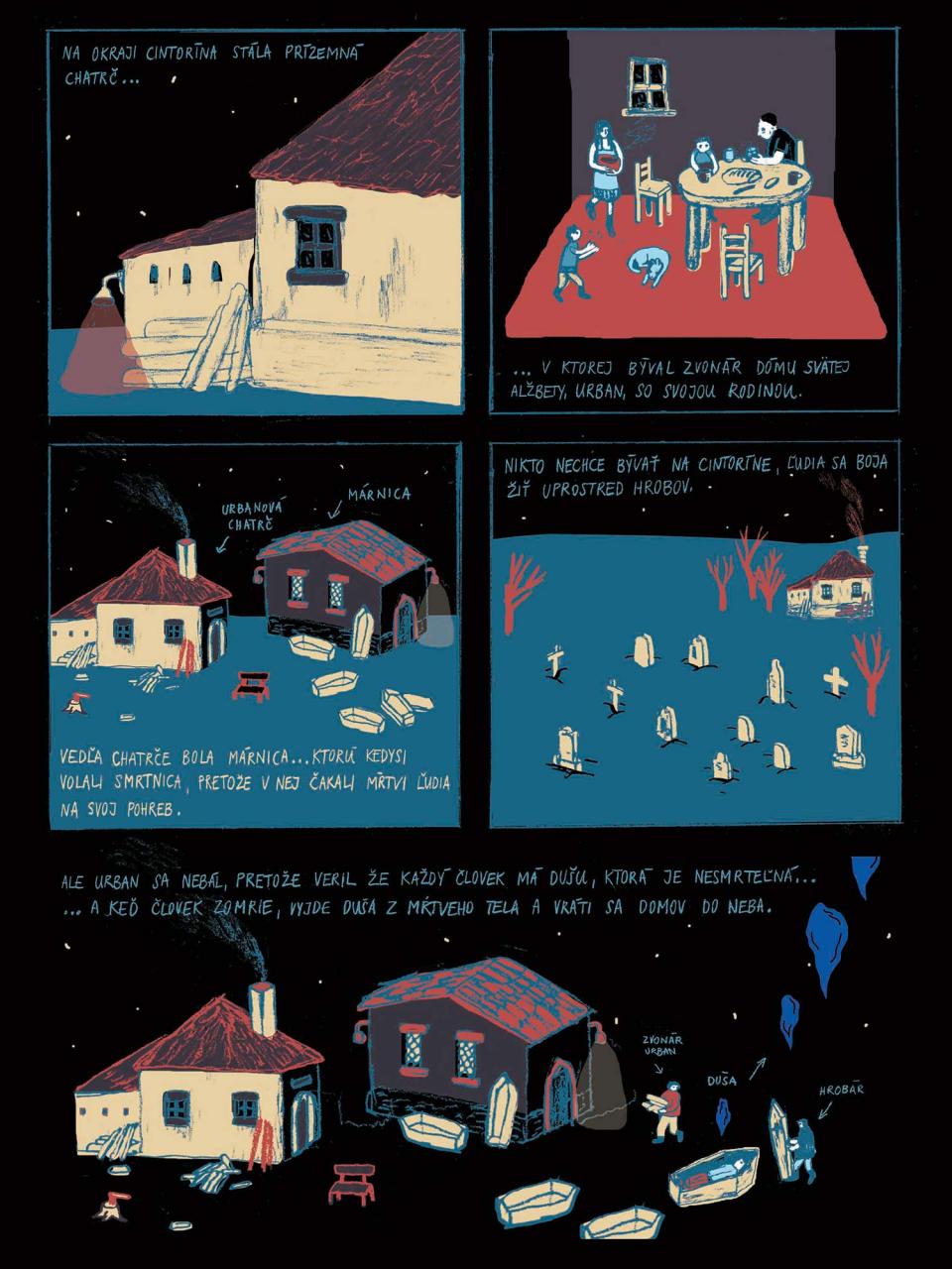 Ukážka z komiksovej knihy Šlabikár päťmestia, ktorú vytvorili spisovateľ Erik Groch a ilustrátorka Juliána Chomová.