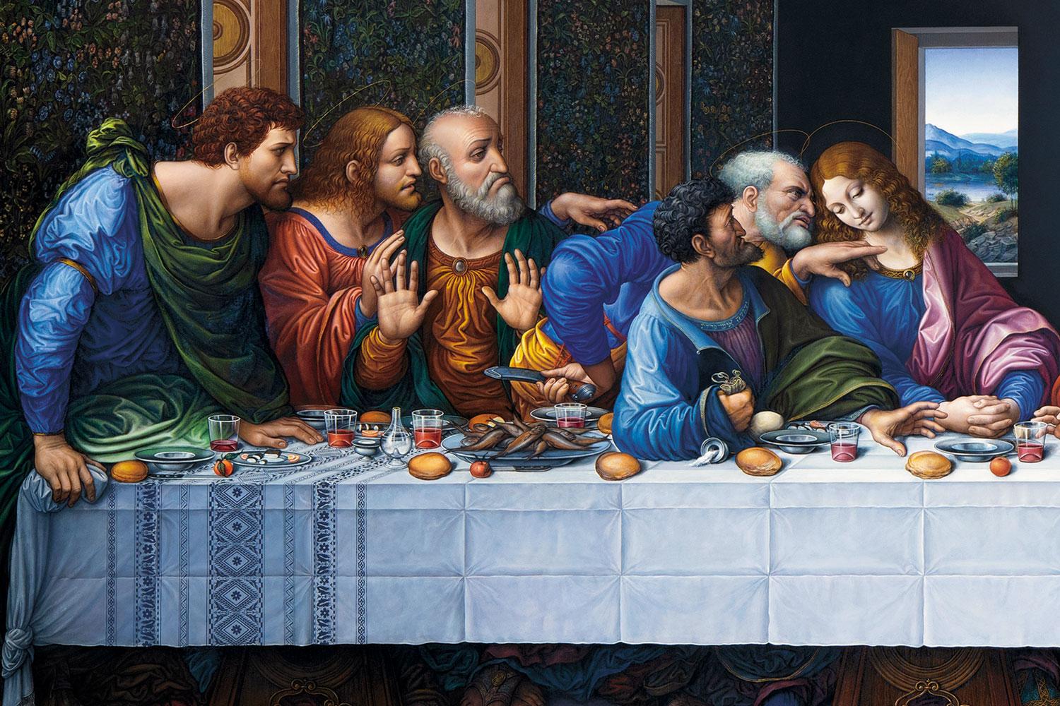 Apoštoli Bartolomej, Jakub Mladší, Ondrej, Judáš, Peter a Ján tvoria prvé dve skupiny fresky. Judáš má ako jediný na golieri hebrejsky napísané svoje meno: Judáš Iškariotský. 