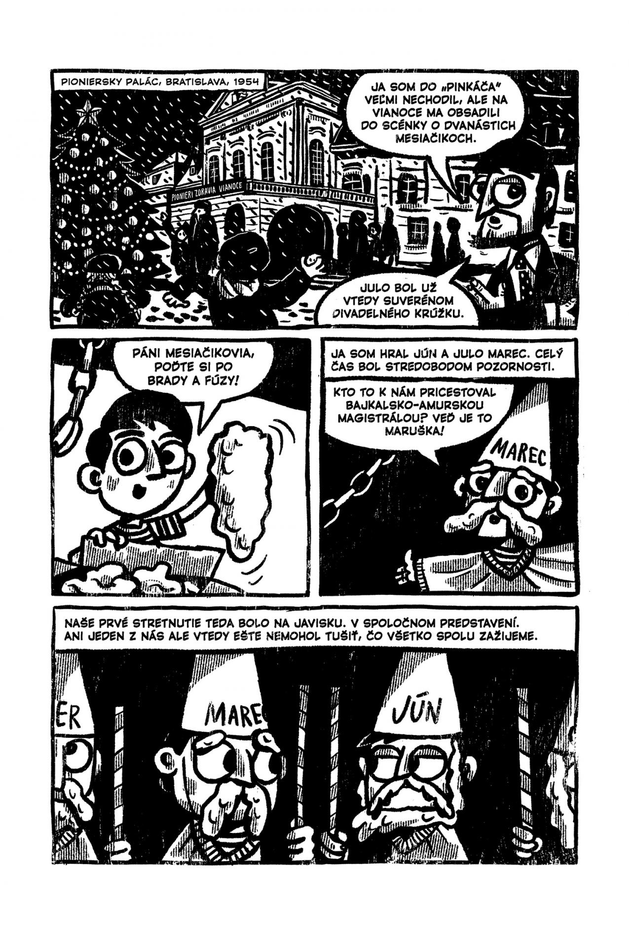 Ukážky z komiksovéhu príbehu Lasicu a Satinského Radostná správa. Kreslil Ďuro Balogh, písal Peter Gärtner.