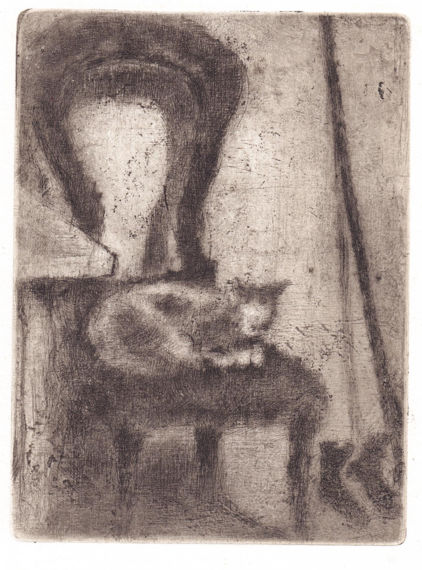 Bohuslav Reynek: Kočka na židli, suchá ihla, 50. roky.