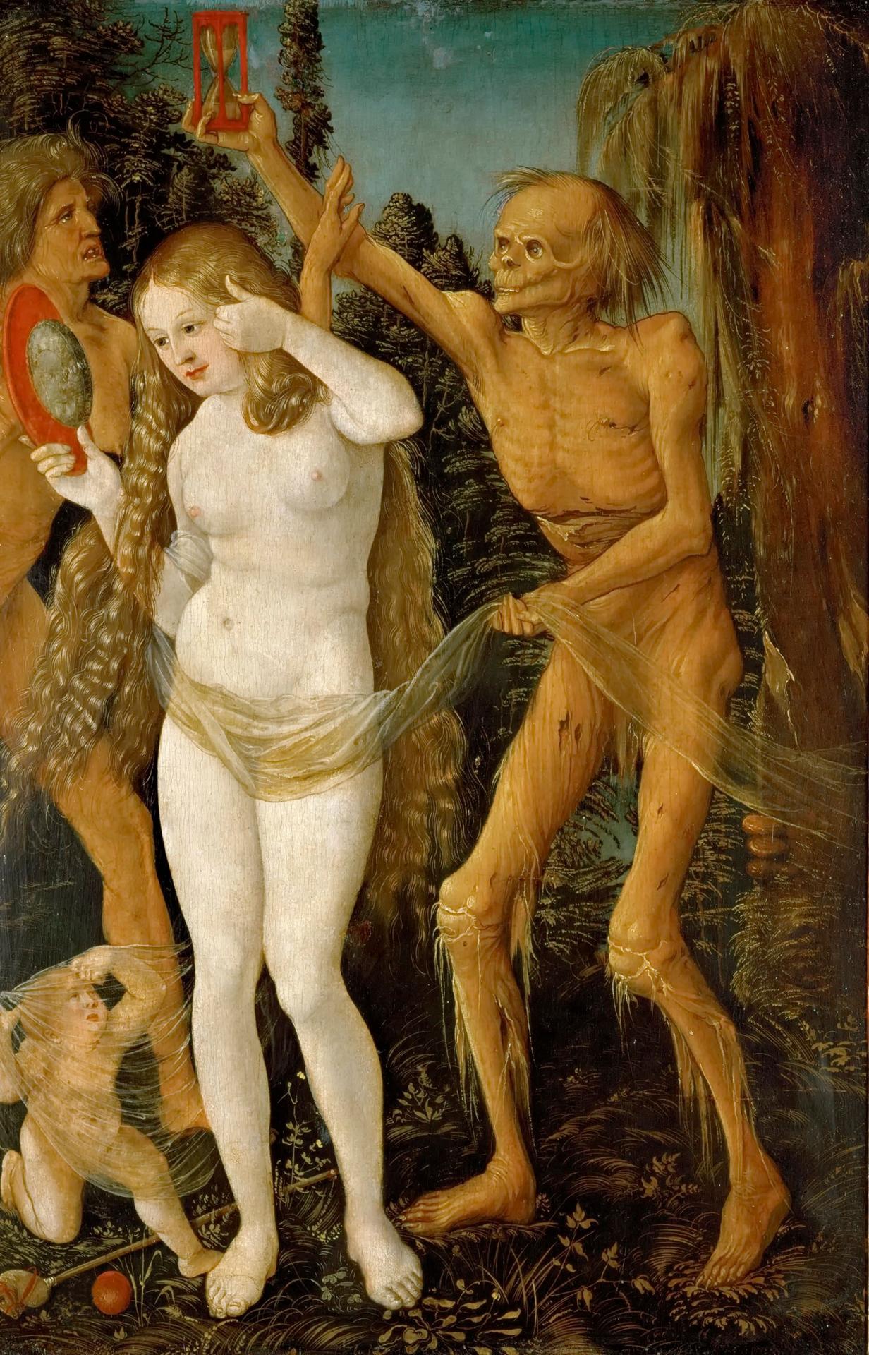 Hans Baldung Grien: Tri veky ženy a smrť, 1510. Obraz spracúva populárnu renesančnú tému pamätania na smrť