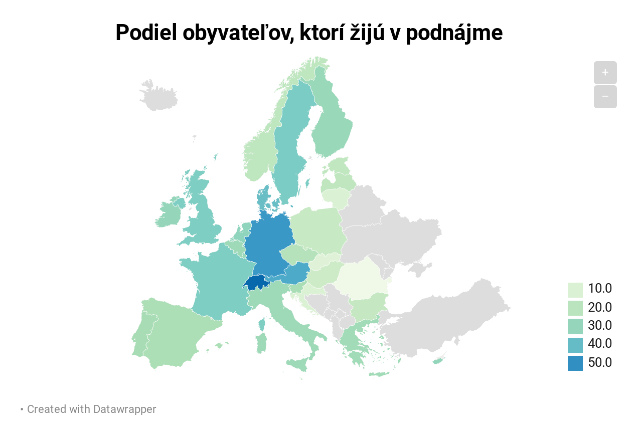 Podiel ľudí v Európe, ktorí žijú v podnájme