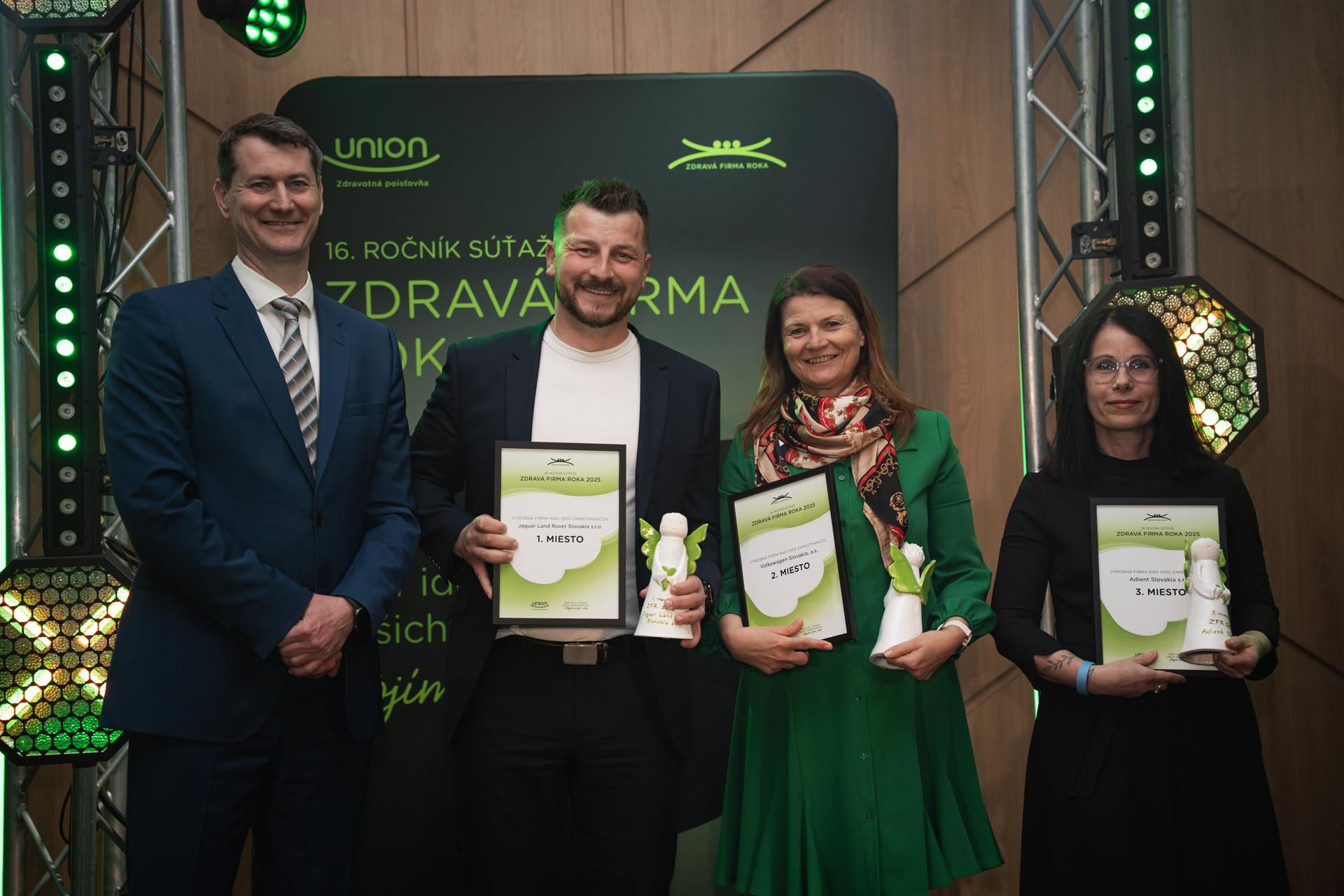 Riaditeľ sekcie zdravotného poistenia Union – Jozef Koma a výhercovia ZFR v kategórii Výrobná firma nad 1000 zamestnancov: 1.miesto Jaguar Land Rover Slovakia s.r.o., 2.miesto Volkswagen Slovakia s.r.o., 3.miesto Adient Slovakia s.r.o. Foto: Union