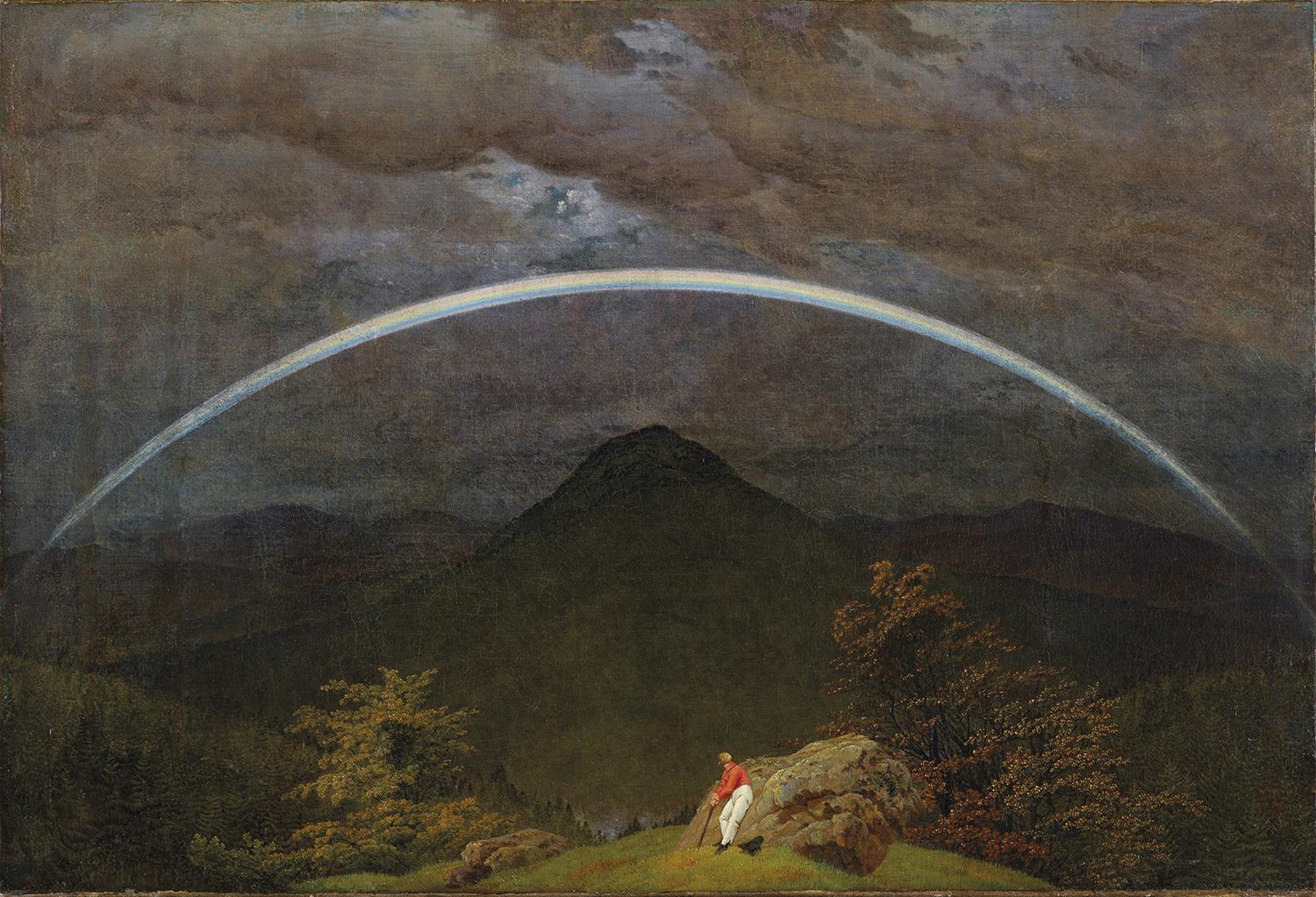 Caspar David Friedrich: Horská krajina s dúhou, 1809 – 1810. Protiklady dňa a noci a ducha a hmoty spája dúha, ktorá podľa knihy Genezis v časti o Noemovej arche symbolizovala zmluvu medzi Bohom a ľudstvom.