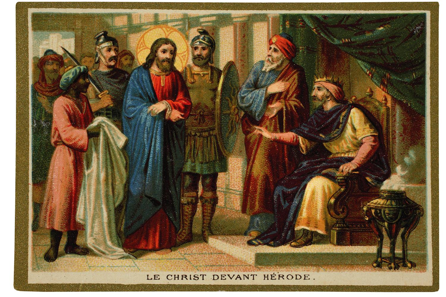 Kristus pred Herodesom, farebná litografia, Francúzsko (okolo roku 1900).