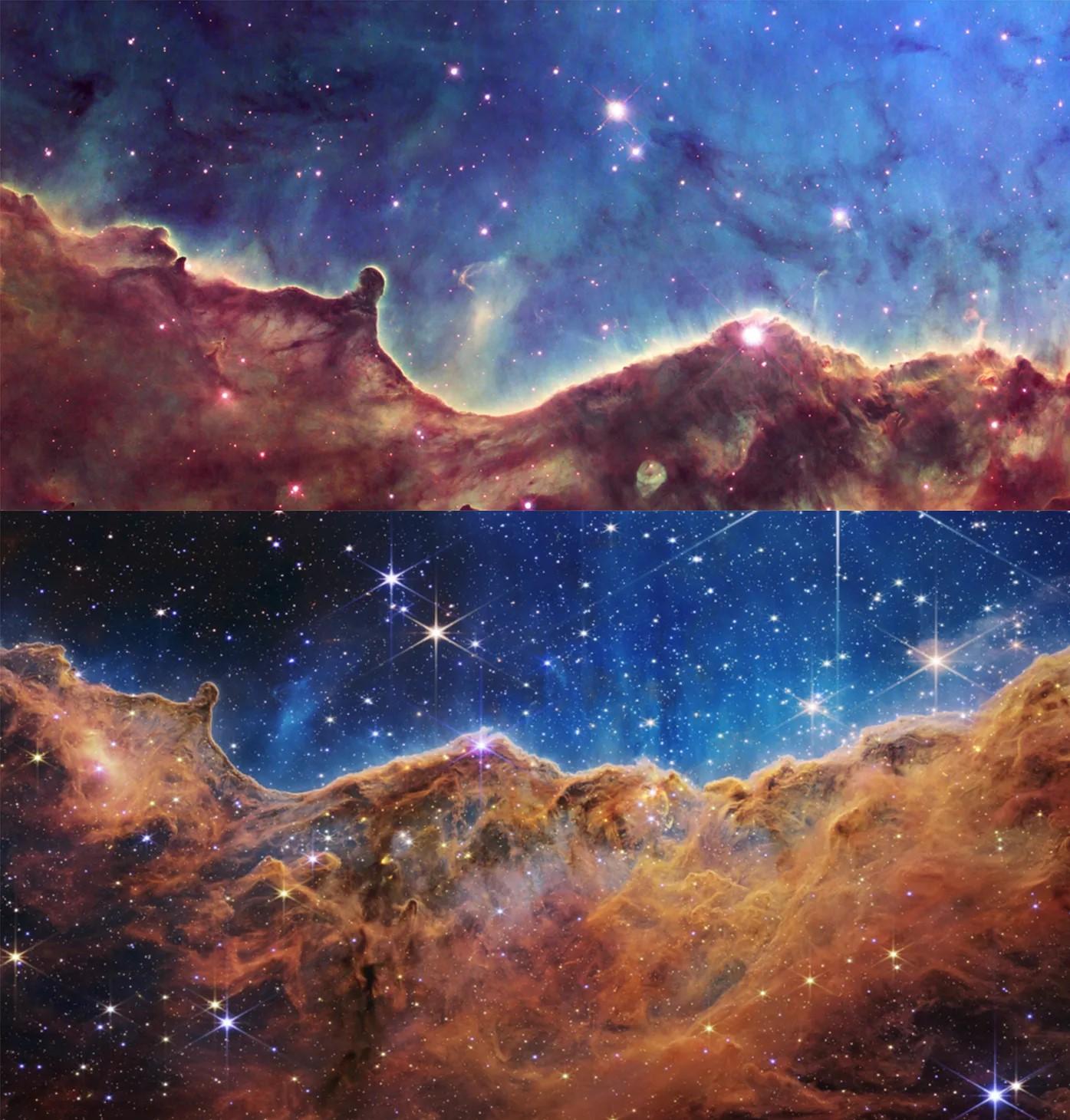 Prvý obrázok z Webbovho teleskopu (dole) a porovnanie s kvalitou z Hubblovho teleskopu (hore).