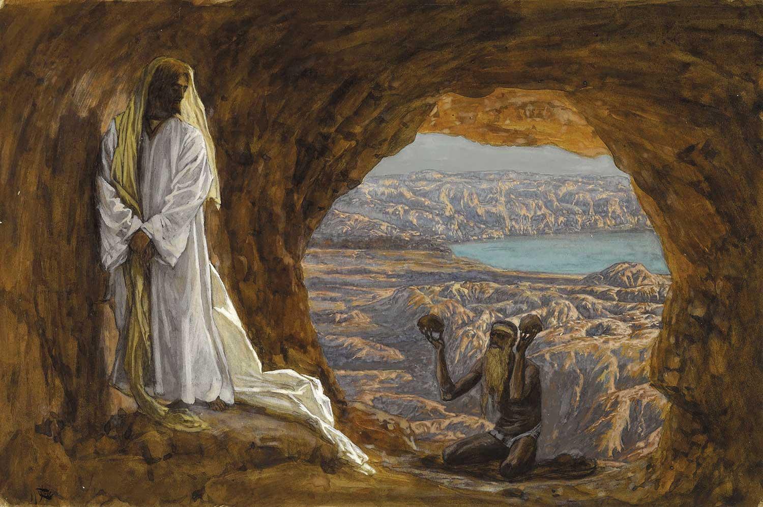 James Tissot: Pokúšanie Ježiša v púšti, 1886-94. Diabol ako pustovník ho vyzýva, aby premenil kamene na chlieb.