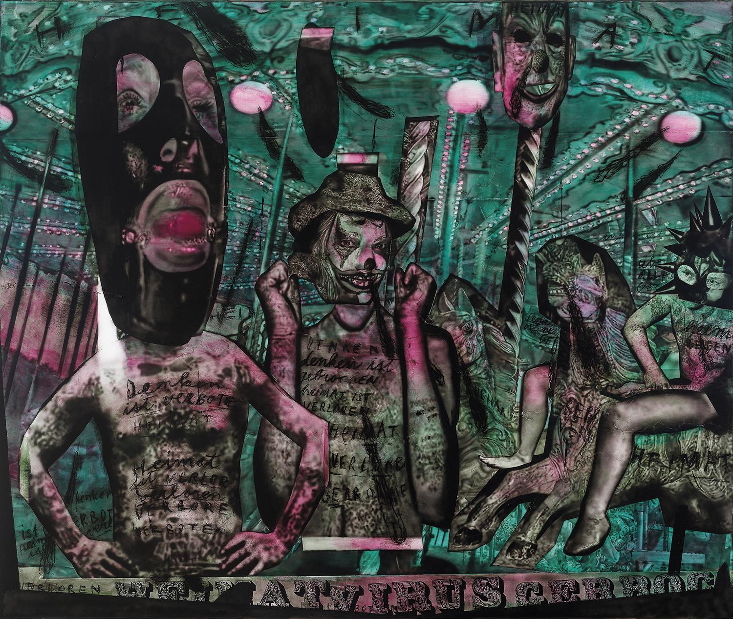 Martin Gerboc: Virus Gerboc, 2020 – 2021, akryl, airbrush, uhoľ, papier na plátne, 160 x 190 cm.