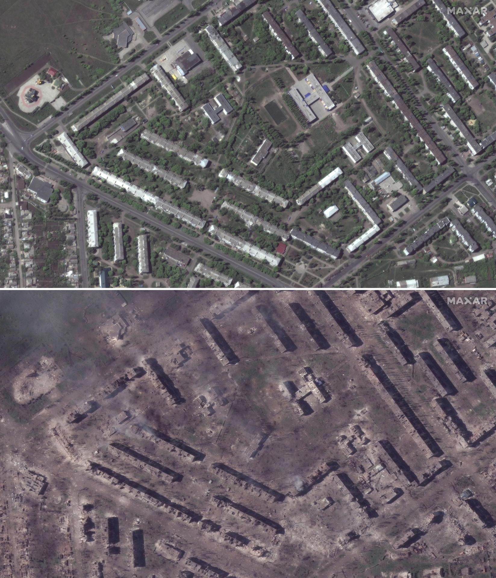 Satelitné zábery pred a po bombardovaní Bachmutu.