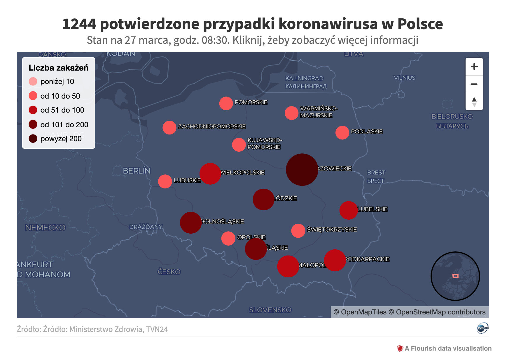 Mapa zo spravodajského portálu TVN24.PL zobrazuje, ako sú v Poľsku rozmiestnení nakazení koronavírusom. Čím tmavšia bodka, tým väčšie ohnisko nákazy.