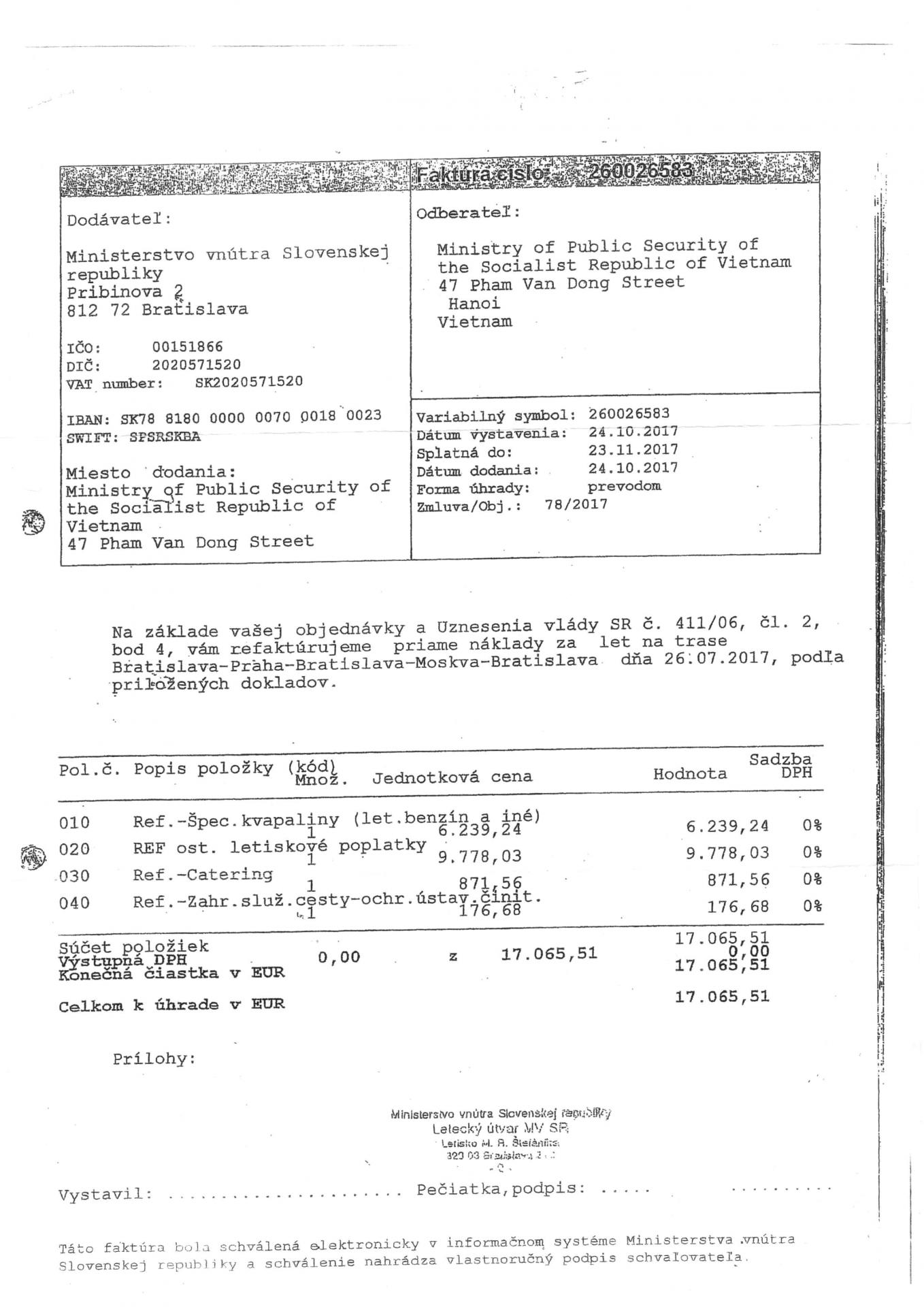 Faktúra za let vládneho špeciálu, ktorým bol unesený vietnamský občan prevezený za hranice Schengenského priestoru.