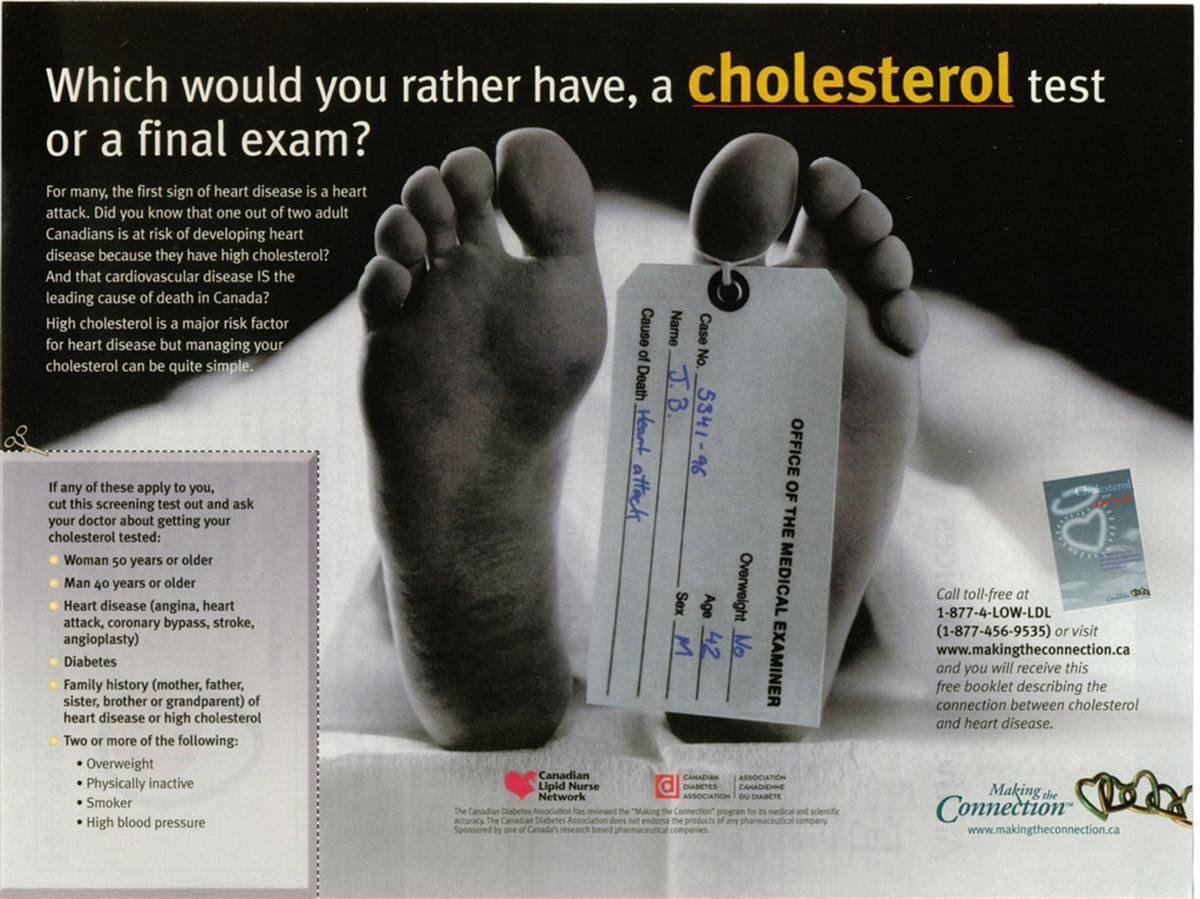 Čo by si radšej absolvoval, test na cholesterol alebo záverečnú skúšku? (kampaň na podporu vyšetrenia cholesterolu ako prevencie srdcových chorôb)