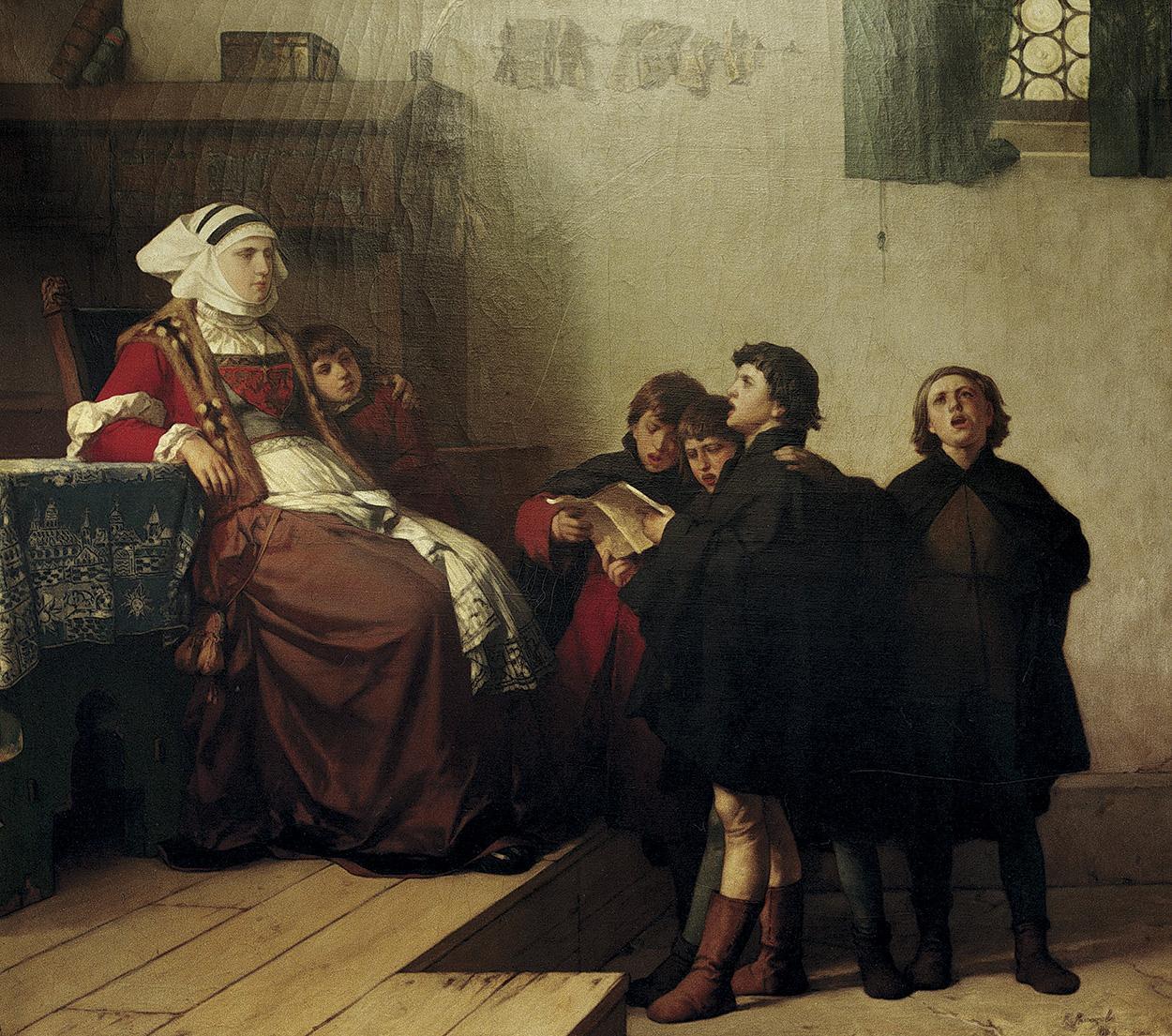 Luther spieva ako školák pre pani Cottovú v Eisenachu. Ferdindad Pauwels, 1872: V čase Lutherovej mladosti, keď študoval na strednej škole v Eisenachu, si mladý študent získaval srdce svojej zbožnej dobrodinky pani Cottovej najmä svojím tenorom. Neskôr u nej mohol bývať.