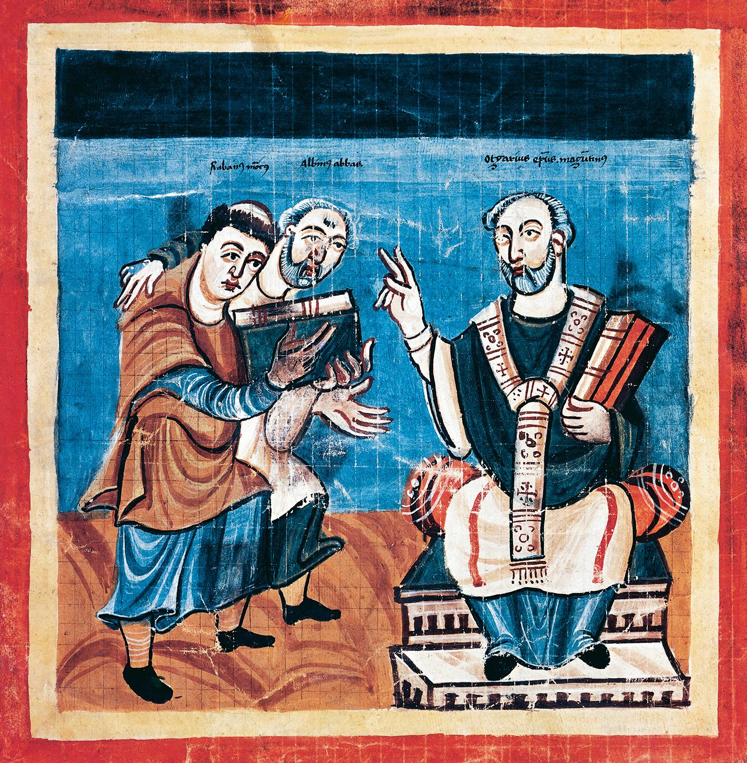 Alkuín privádza pred mohučského arcibiskupa Otgara svojho žiaka Hrabana, ktorému sám dal prímenie Maurus. Miniatúra z fuldského manuskriptu z 9. storočia.