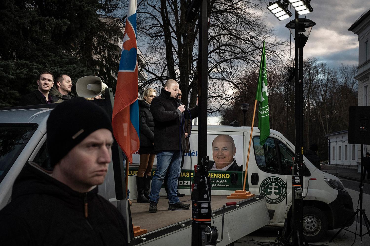 18. február 2020 Turčianske Teplice: Predvolebný míting ĽSNS, na ktorom reční odsúdený exposlanec Milan Mazurek.