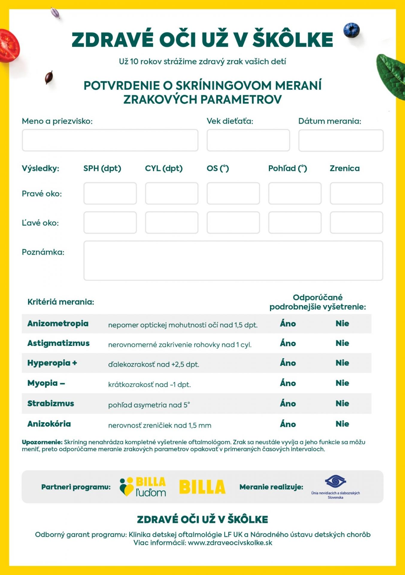 Zdravé oči už v škôlke – potvrdenie pre rodičov.