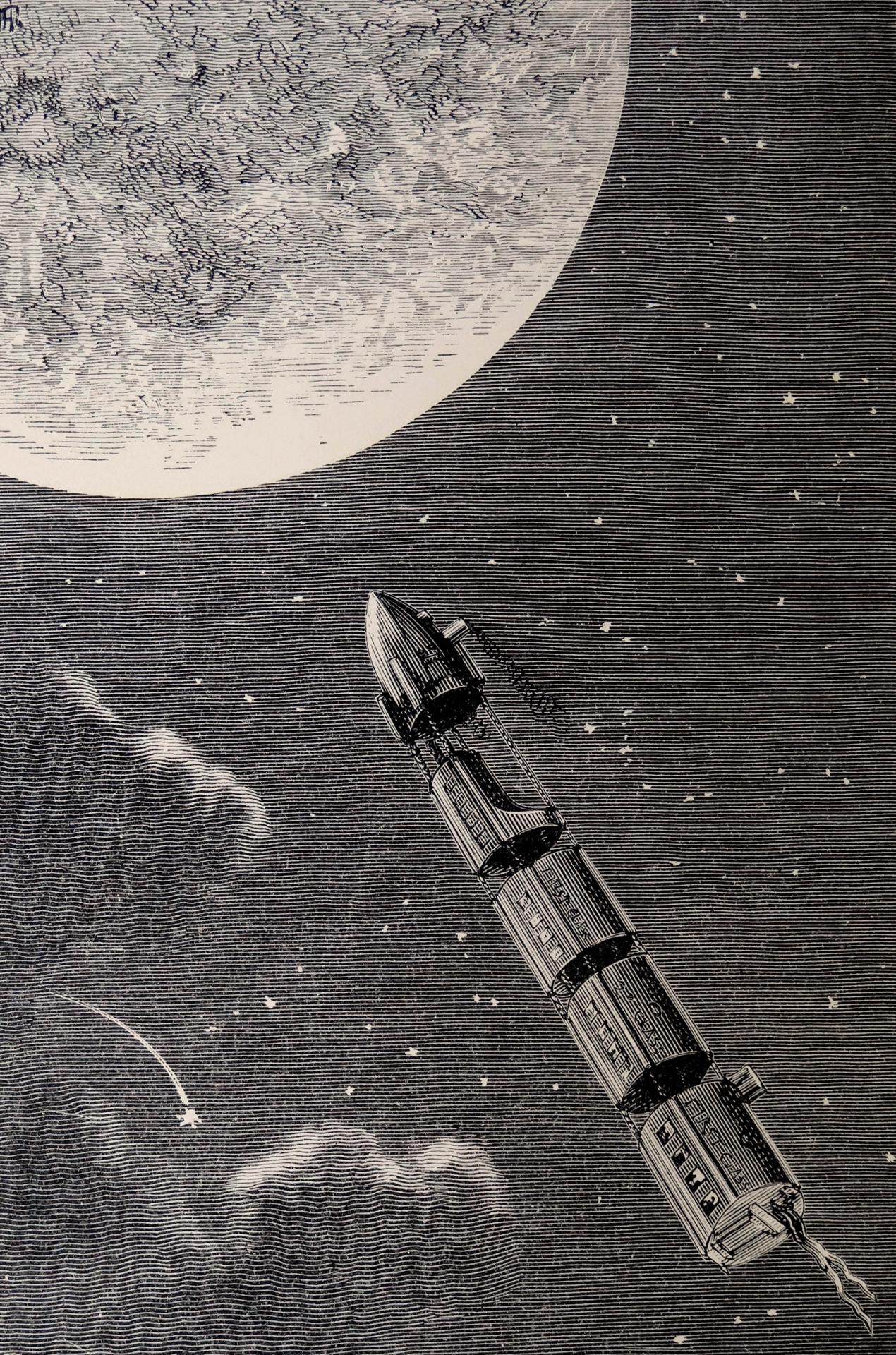 Cesta na Mesiac. Henri de Montaut 1865. Ilustrácia z rovnomennej knihy francúzskeho spisovateľa Julesa Verna.