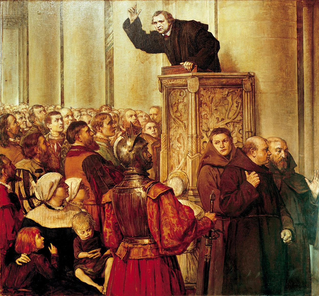 Luther na kazateľnici. Willem Linnig, okolo 1880: Luther zdôrazňoval, že základom viery je pravda evanjelia. Spásu si podľa neho nemožno zaslúžiť odpustkami či zbožnými úkonmi, ale iba vierou.