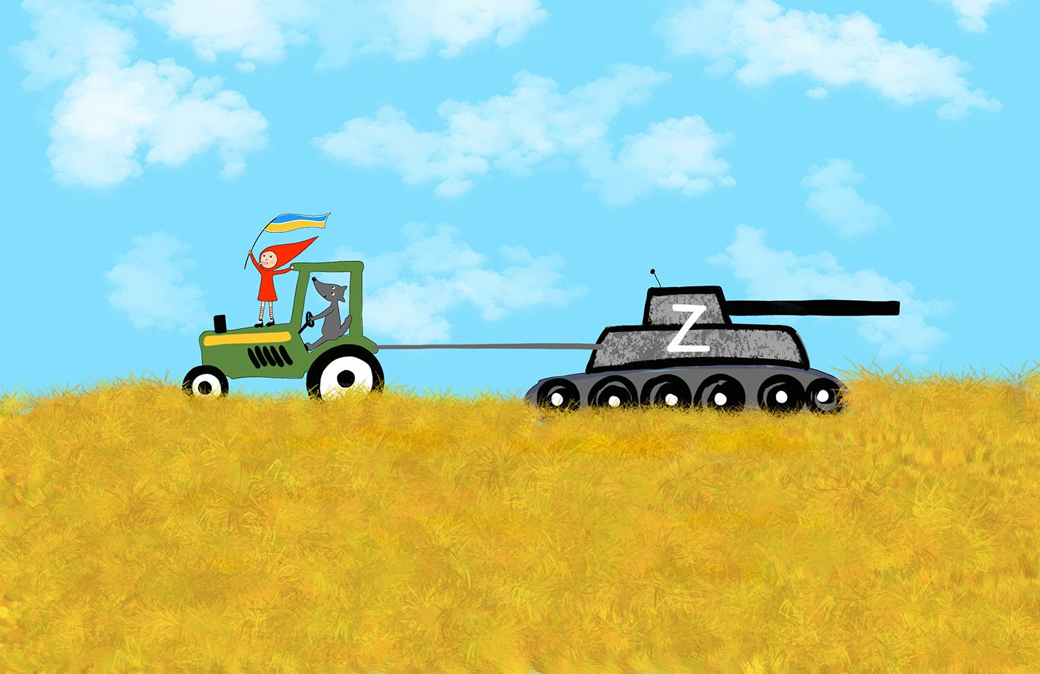 Rosie Naive Art: Red na traktore s tankom. Obrázok reflektujúci dianie na Ukrajine sa stal virálnym.