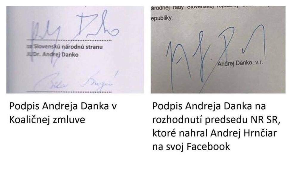 Podobnosť podpisov Andreja Danka môžete posúdiť na obrázku. Každý máme vlastnú skúsenosť s podpisovými vzormi napríklad v komerčných bankách. Ako podobné veci rieši predseda Národnej rady, nevedno.