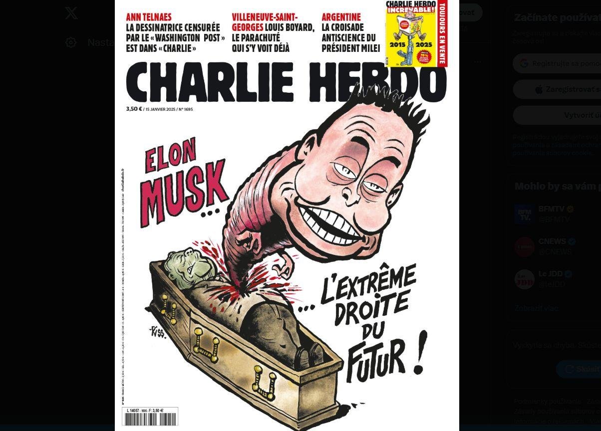 Týždenník Charlie Hebdo sa na sieti X pustil do boja s Muskom