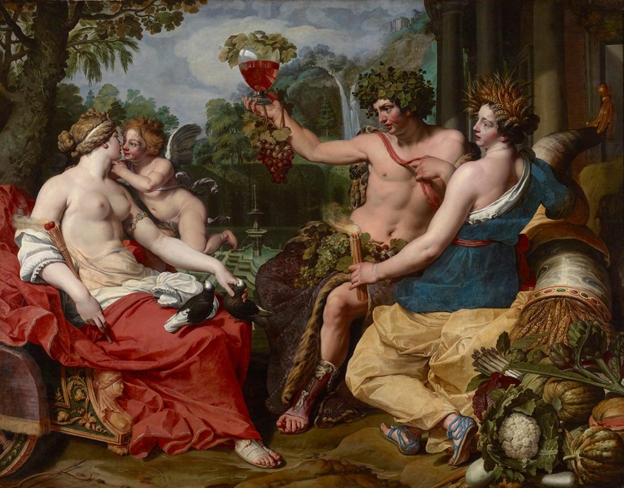 Dar boha Dionýza. Veselý chlapík s korunou z vínnej révy na hlave a s čašou vína v ruke