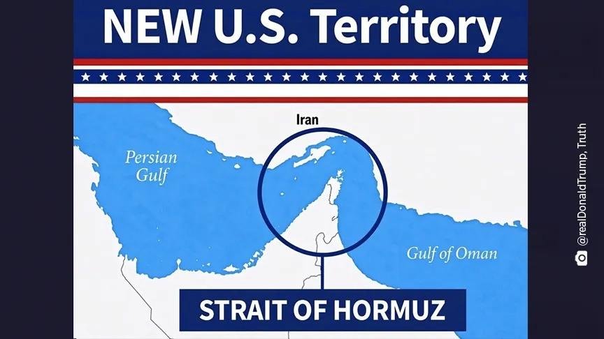Udalosť dňa: Trump zverejnil mapu, ktorá zobrazuje Hormuzský prieliv ako územie USA