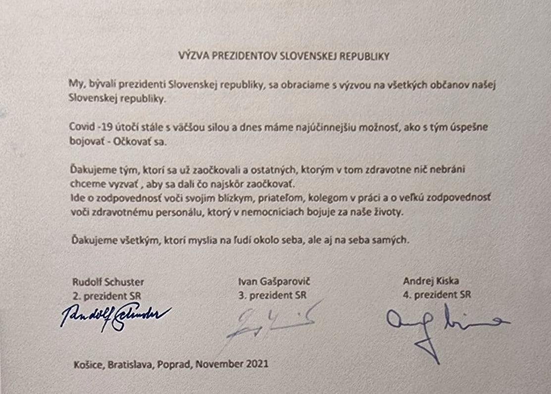 Bývalí prezidenti Slovenska vyzývajú občanov k očkovaniu, hovoria o zodpovednosti