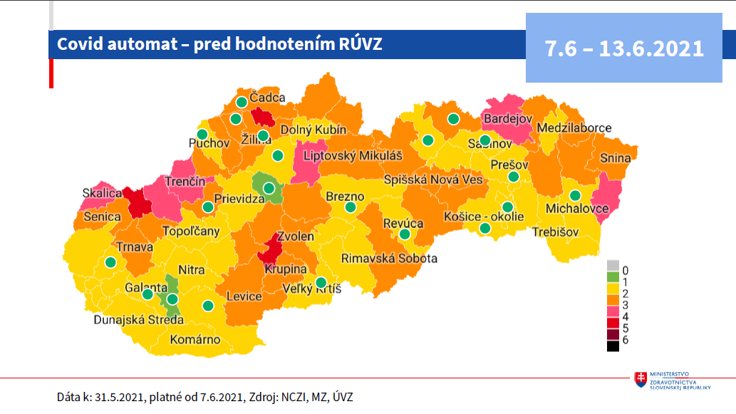 Od pondelka už budú dva okresy v zelenej farbe COVID automatu