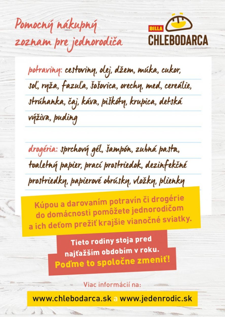 BILLA spolu so zákazníkmi pomôže aj pred Vianocami jednorodičom v núdzi. Pripravuje potravinovú zbierku Deň Chlebodarcu