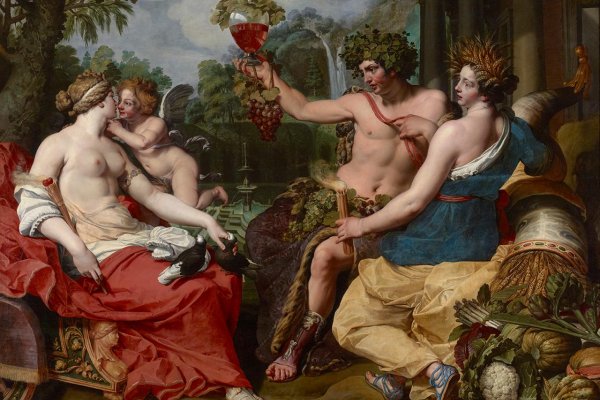 Dar boha Dionýza. Veselý chlapík s korunou z vínnej révy na hlave a s čašou vína v ruke