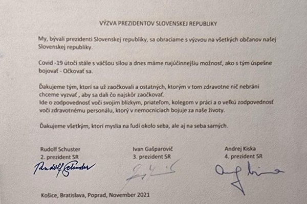 Bývalí prezidenti Slovenska vyzývajú občanov k očkovaniu, hovoria o zodpovednosti